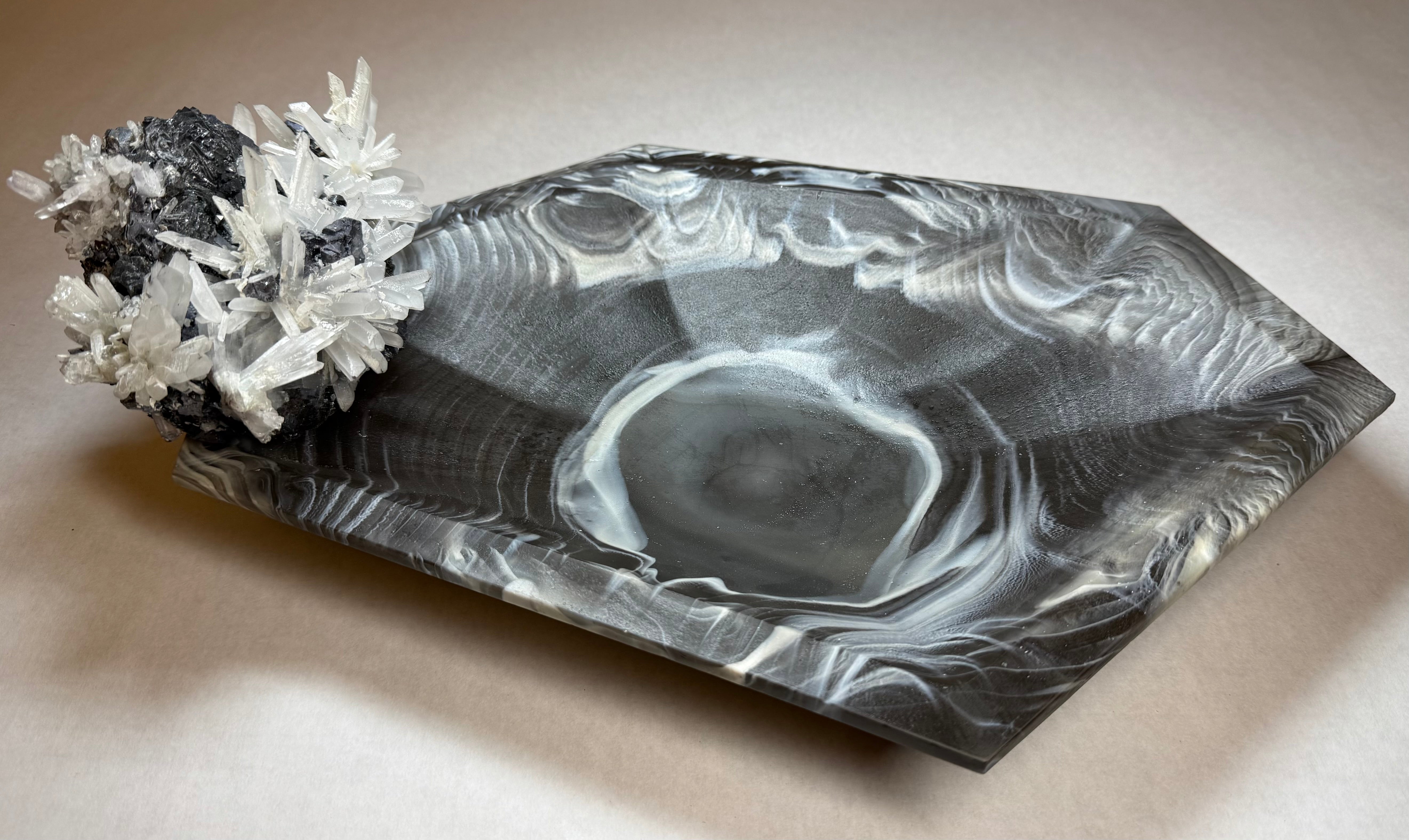 Sphalerite w/Quartz on Glacier Glass Bowl