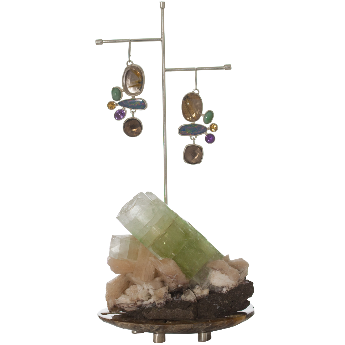 Rutilated Quartz and Opal Earrings on Apophyllite