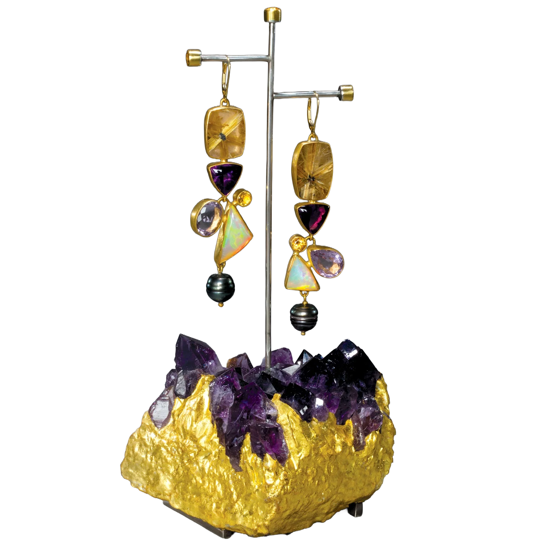 Rutilated Star Quartz Earrings on Amethyst