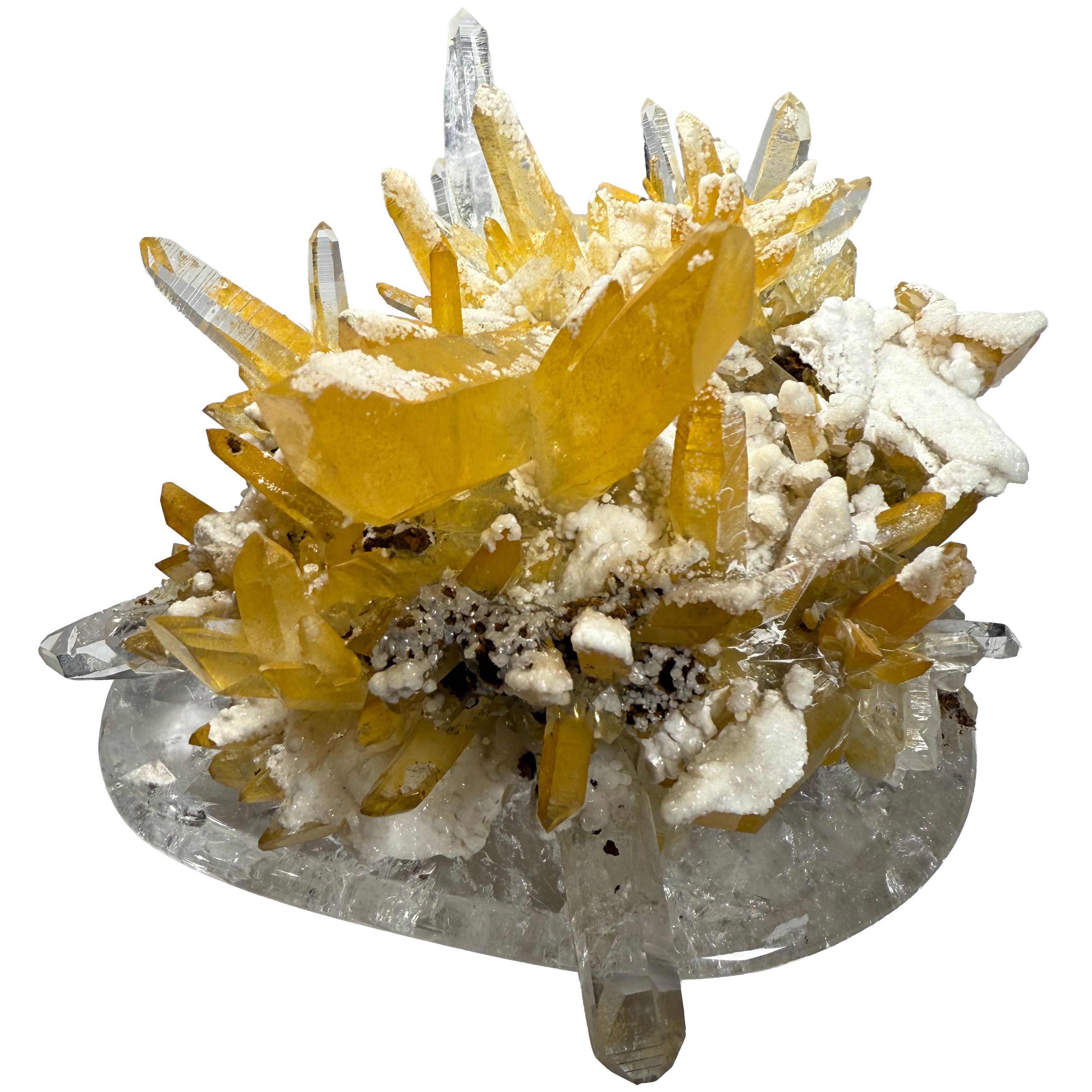 Quartz colombien avec citrine sur socle en cristal