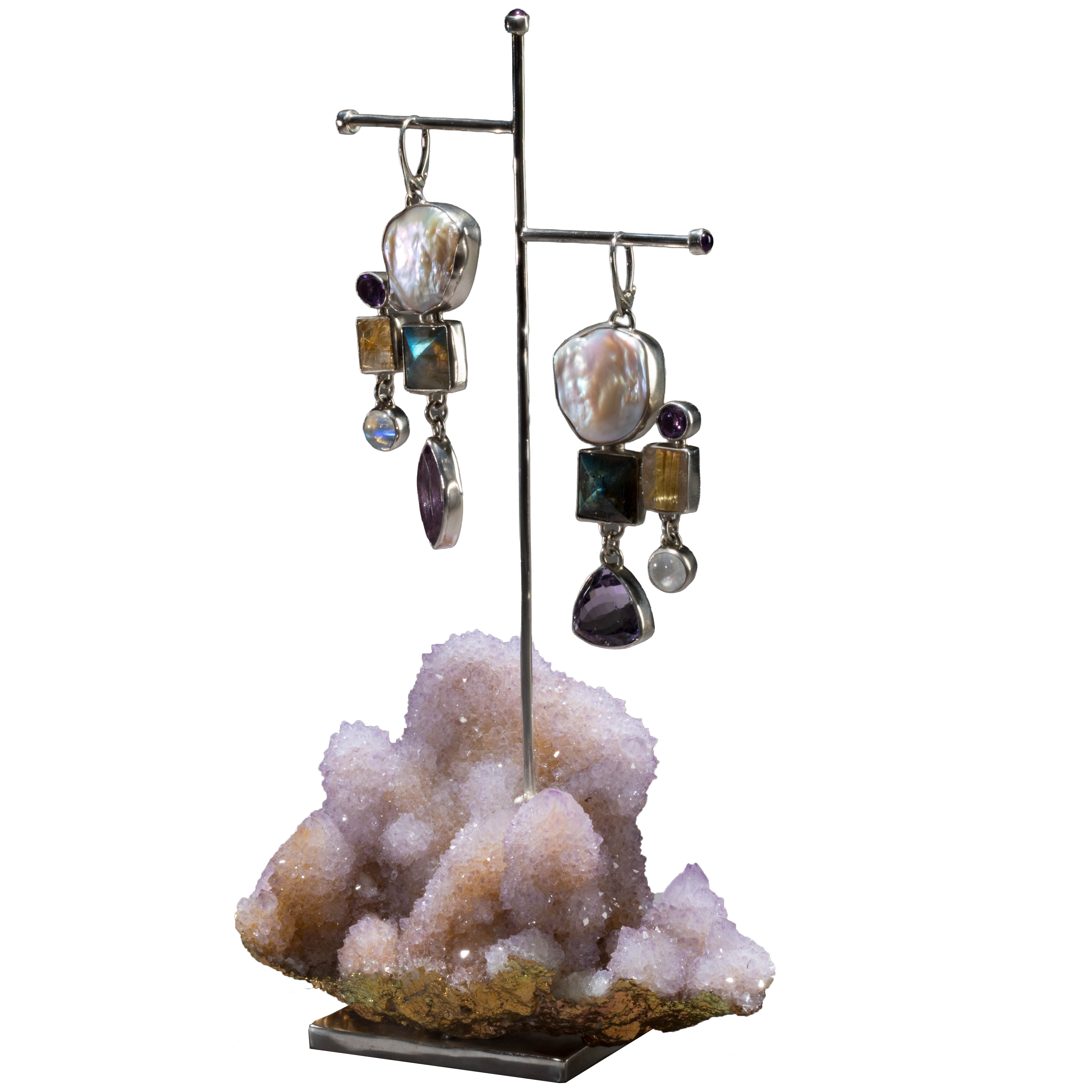 Pearl Earrings on Cactus Amethyst